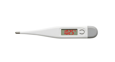 White digital thermometer displaying 102.5 degrees Fahrenheit on black background gray, Isolated On Png Transparent Background