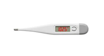 White digital thermometer displaying 102.5 degrees Fahrenheit on black background gray, Isolated On Png Transparent Background