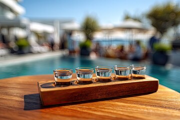Five clear liquids presented in small glasses on a wooden tray