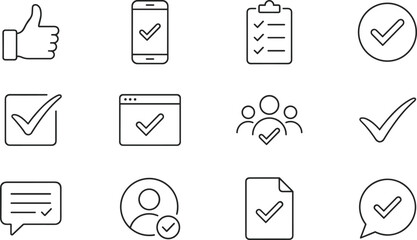 Minimal check mark approval and verification outline icon set for confirmation success validation user interface web app vector © MdAminur