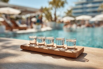 Five clear shots of spirits arranged on a wooden board at poolside