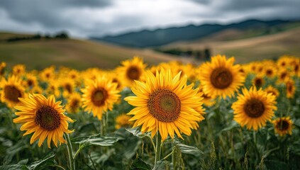 Fototapeta premium Vast field of blooming sunflowers under a cloudy sky