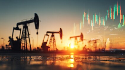Oil pumps and stock market graph at sunset