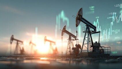 Oil pumps under a hazy sunset with rising financial graph overlay