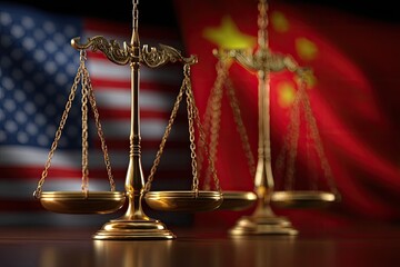 Golden scales of justice stand before blurred flags of USA and China