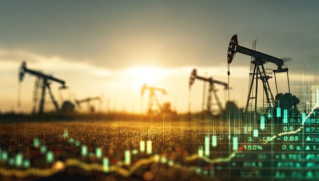 Oil pumps at sunset overlayed with financial market data - Powered by Adobe