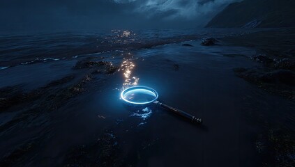 A glowing magnifying glass illuminates the wet shore of a dark, choppy sea