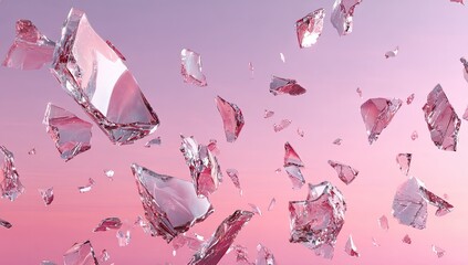 Shards of pink glass tumble and float against a gradient sky