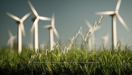 Green energy field with wind turbines and rising stock market graph