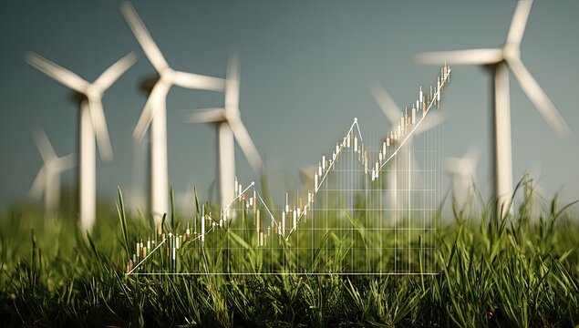 Green energy field with wind turbines and rising stock market graph - Powered by Adobe