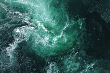 Turbulent aquamarine and deep blue water creates a swirling vortex pattern