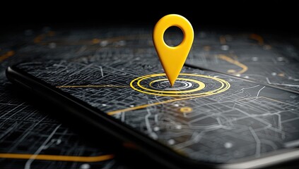 A yellow map pin icon rests on a digital map displayed on a smartphone screen
