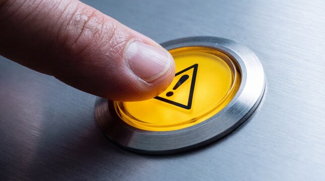 Close-up finger pressing yellow warning button with exclamation mark symbolizing emergency alert system.