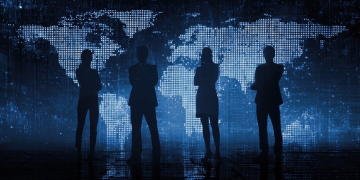 Silhouetted professionals stand before a digital world map, conveying global connection - Powered by Adobe