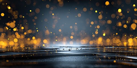 Glowing golden particles floating above a reflective, dark, wet surface
