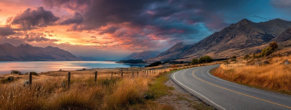 Scenic mountain road curves along a lake under a dramatic sunset - Powered by Adobe