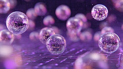 Translucent spheres containing glittering particles float above a grid