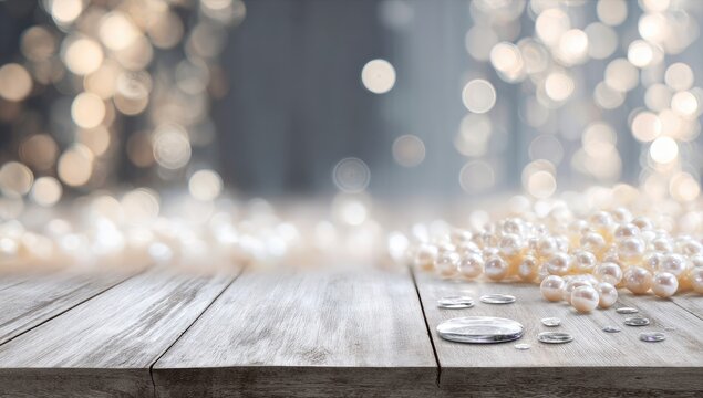 Elegant pearls and water droplets rest on a rustic wooden surface - Powered by Adobe
