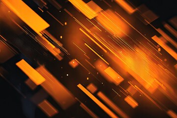Diagonal orange geometric shards and lines in a blurred, dark, bokeh background
