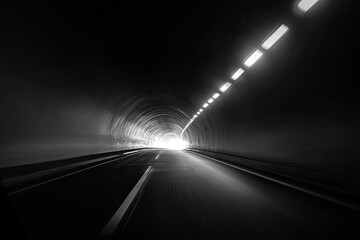 Light at the end of a dark, cylindrical, long, asphalt road tunnel