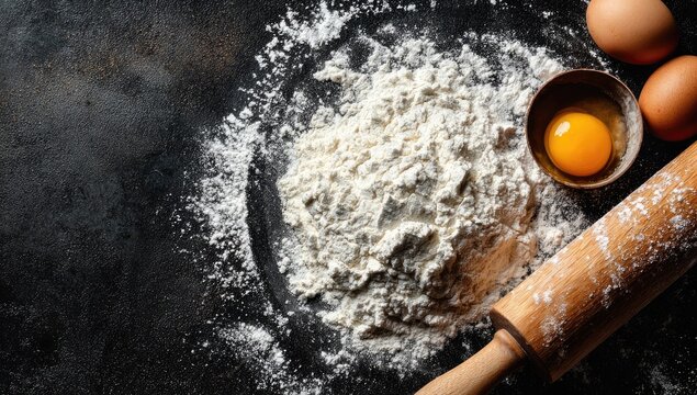 Overhead shot of flour, eggs, and rolling pin on a dark surface