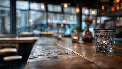 Warm, cozy interior of a dimly lit establishment, featuring a wooden bar