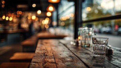 Cozy, blurred cafe interior with warm lights and a glass on a table