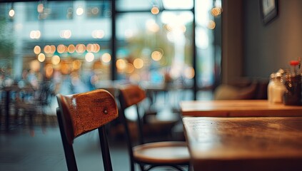 Cozy cafe interior with blurred background lights, warm wood tables, and chairs
