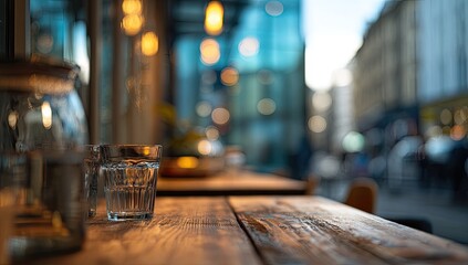 Warm glow of cafe lights illuminate empty tables on a city sidewalk