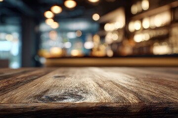 Close-up of a weathered wooden table with a softly blurred cafe interior background