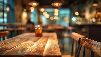 Cozy, dimly lit cafe interior with wooden tables and chairs, ambient lights