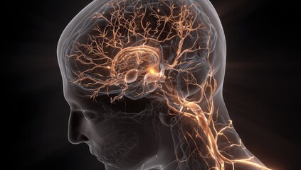 Glowing neural network within a translucent human head on black background