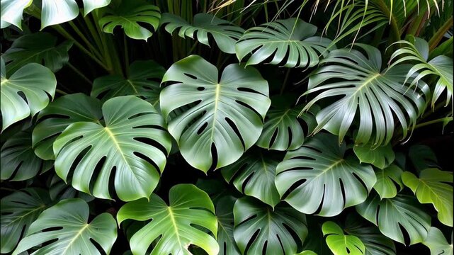 Close-up of vibrant Monstera leaves with their unique split and hole patterns