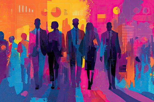 Diverse business professionals walk together with abstract city and data graphics - Powered by Adobe