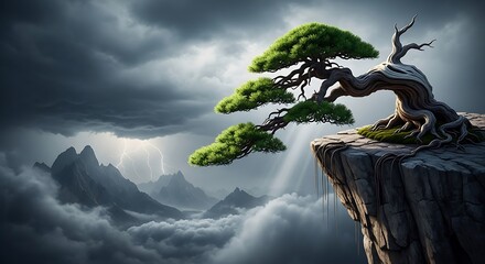 Dramatic Bonsai Tree on Cliff Edge with Cloudy Sky and Mountains.
