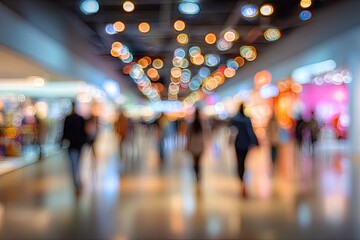 Blurred bright lights and figures in a crowded, illuminated indoor walkway