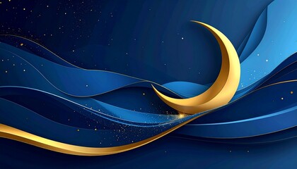 Golden Crescent Moon on a Wavy Dark Blue Background with Sparkles
