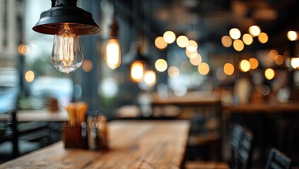 Softly lit dining area with vintage lamp and wooden tables