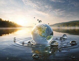 A miniature Earth floats on rippling water at sunrise with misty trees