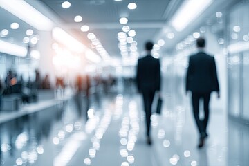 Blurred view of two people in suits walking down a bright, modern corridor