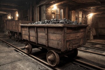 Dark, rough wooden mine carts filled with coal on rusty tracks