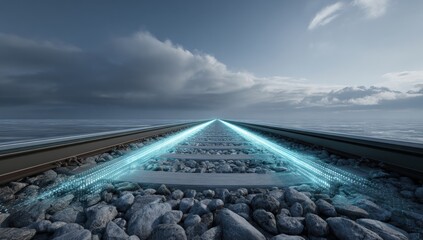 Futuristic train tracks leading into a cloudy sky over water