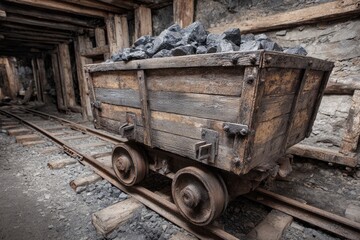 Old wooden mine cart filled with coal on rusty tracks in a dark tunnel