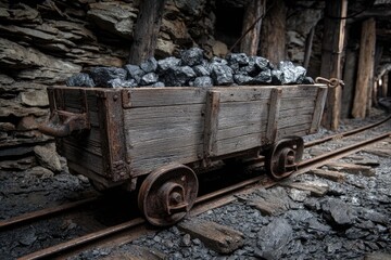 Old wooden mine cart filled with dark rock sits on rusty tracks