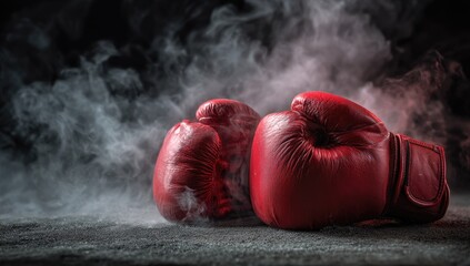 Intense red boxing gloves rest on a dark, smoky surface, ready for combat
