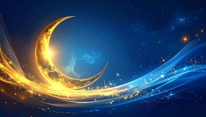 Enchanting golden crescent moon glowing brightly amidst swirling ethereal light trails in a mystical deep blue cosmic night sky, symbolizing celestial wonder and tranquility