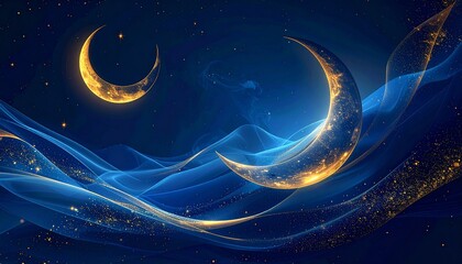 Golden glowing crescent moons illuminate an enchanting night sky, surrounded by shimmering blue abstract waves and sparkling stardust, symbolizing wonder and festive elegance