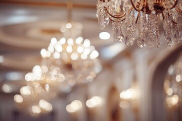 Ornate crystal chandeliers casting a warm, ethereal glow in an elegant hall