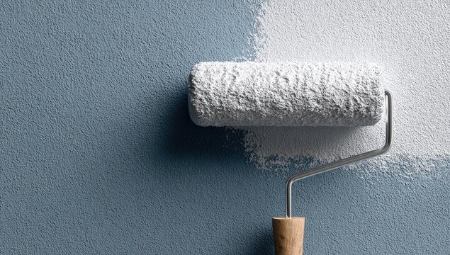 White paint roller covers textured blue wall, creating a fresh, clean surface