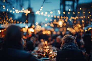 Festive outdoor dining scene with blurred figures under warm string lights